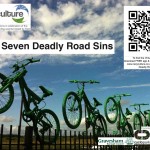 Seven green bikes leap from a fence, with title, logos & QR code