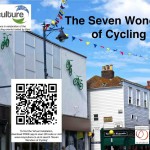 Four green bikes at the top of a wall, with title, logos & QR code